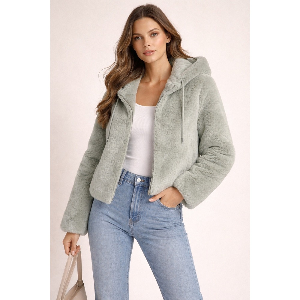 Rachel Zoe Hooded‎ Faux Fur Jacket Soft Sage Green Cozy Winter Outerwear Size M